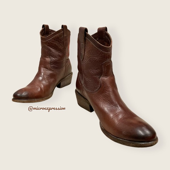 Frye Carson Pull On Brown Real Leather Western Low Heel Festival Cowgirl Boot - Picture 4 of 11